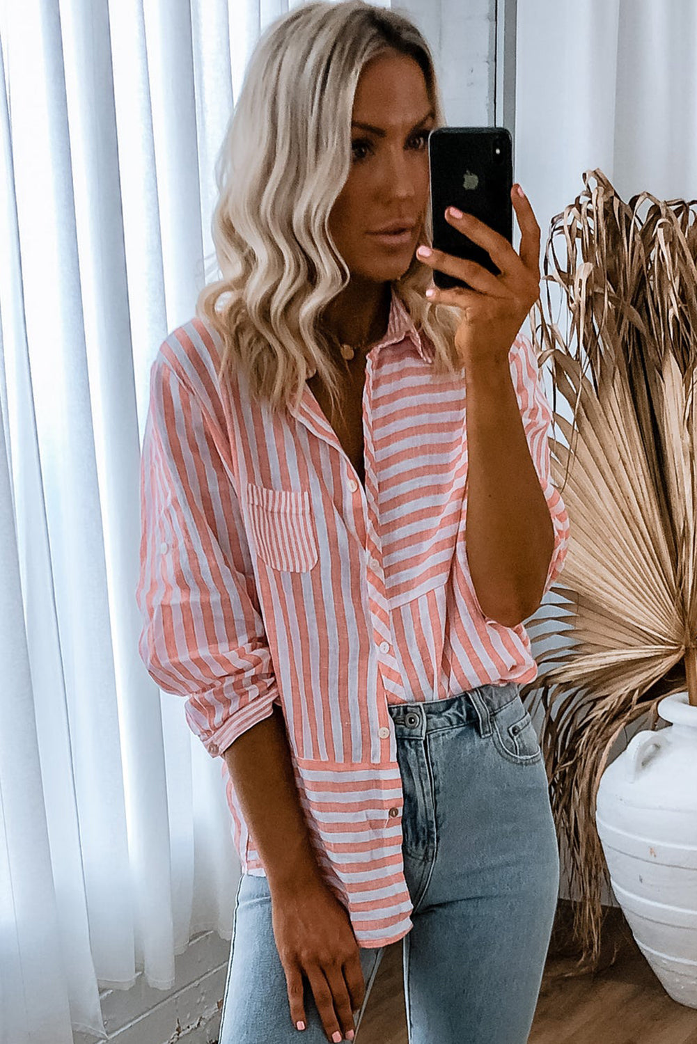 Pink Stripe Buttoned Long Sleeve Casual Shirt Blouses & Shirts JT's Designer Fashion