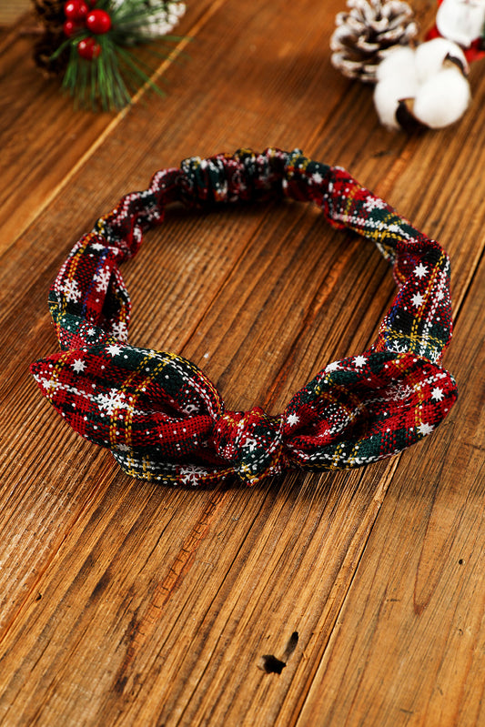 Burgundy Christmas Plaid Snowflake Print Bow Hair Tie Headwear JT's Designer Fashion