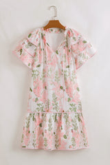 Pink Floral Contrast Edge Layered Short Sleeve Mini Dress Floral Dresses JT's Designer Fashion