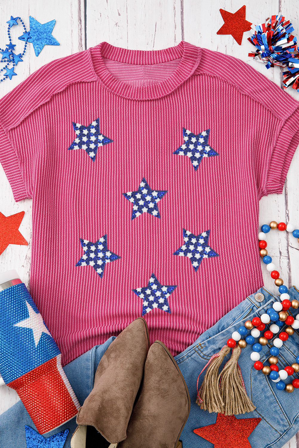 Rose Red Sequin Star Graphic Corded Side Split Patriotic T Shirt Graphic Tees JT's Designer Fashion