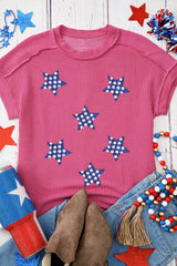 Rose Red Sequin Star Graphic Corded Side Split Patriotic T Shirt Graphic Tees JT's Designer Fashion