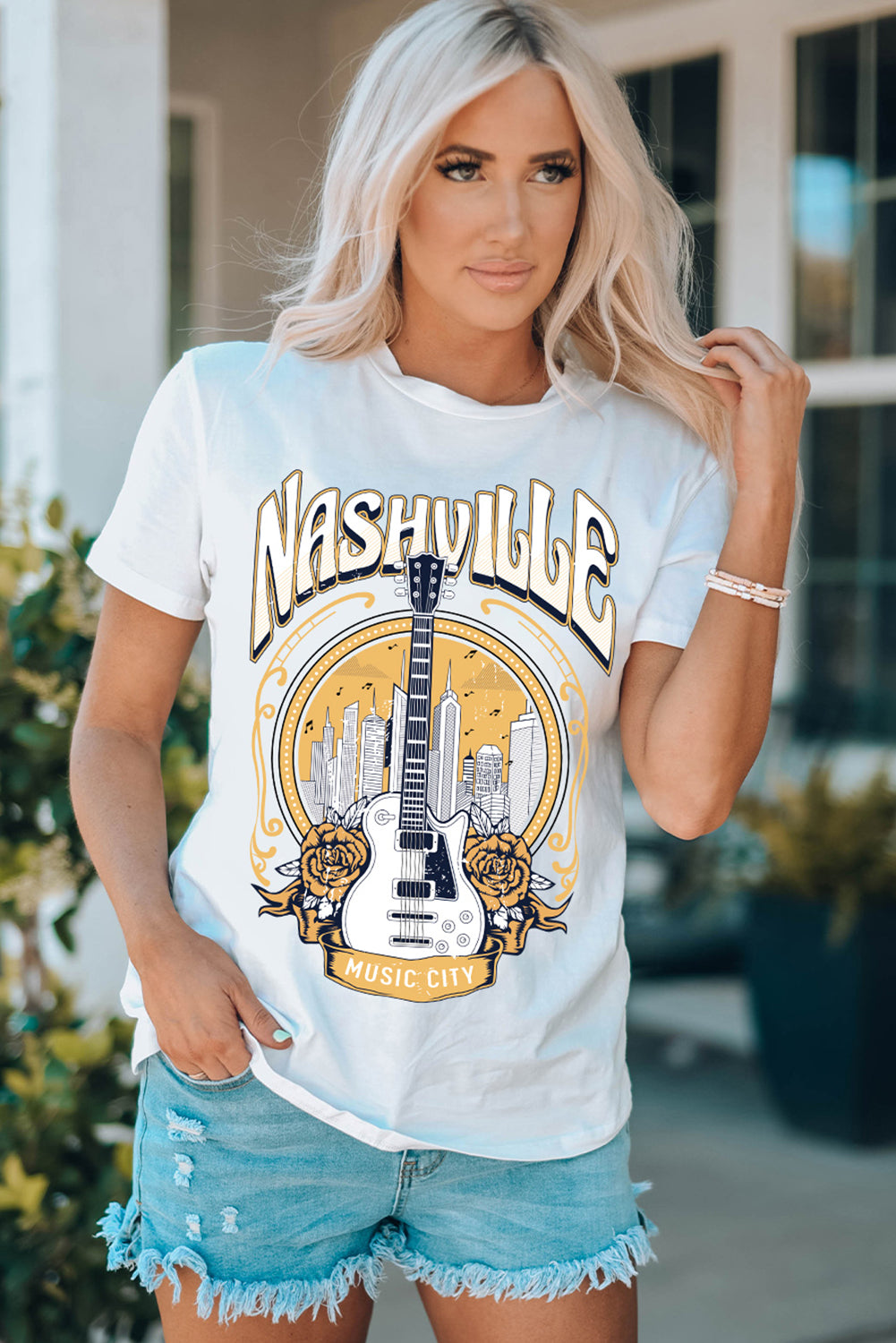 White Music City NASHVILLE Guitar Graphic T Shirt Graphic Tees JT's Designer Fashion