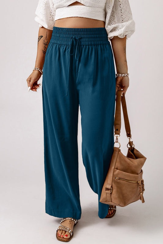 Blue Drawstring Elastic Waist Casual Wide Leg Pants Pants & Culotte JT's Designer Fashion