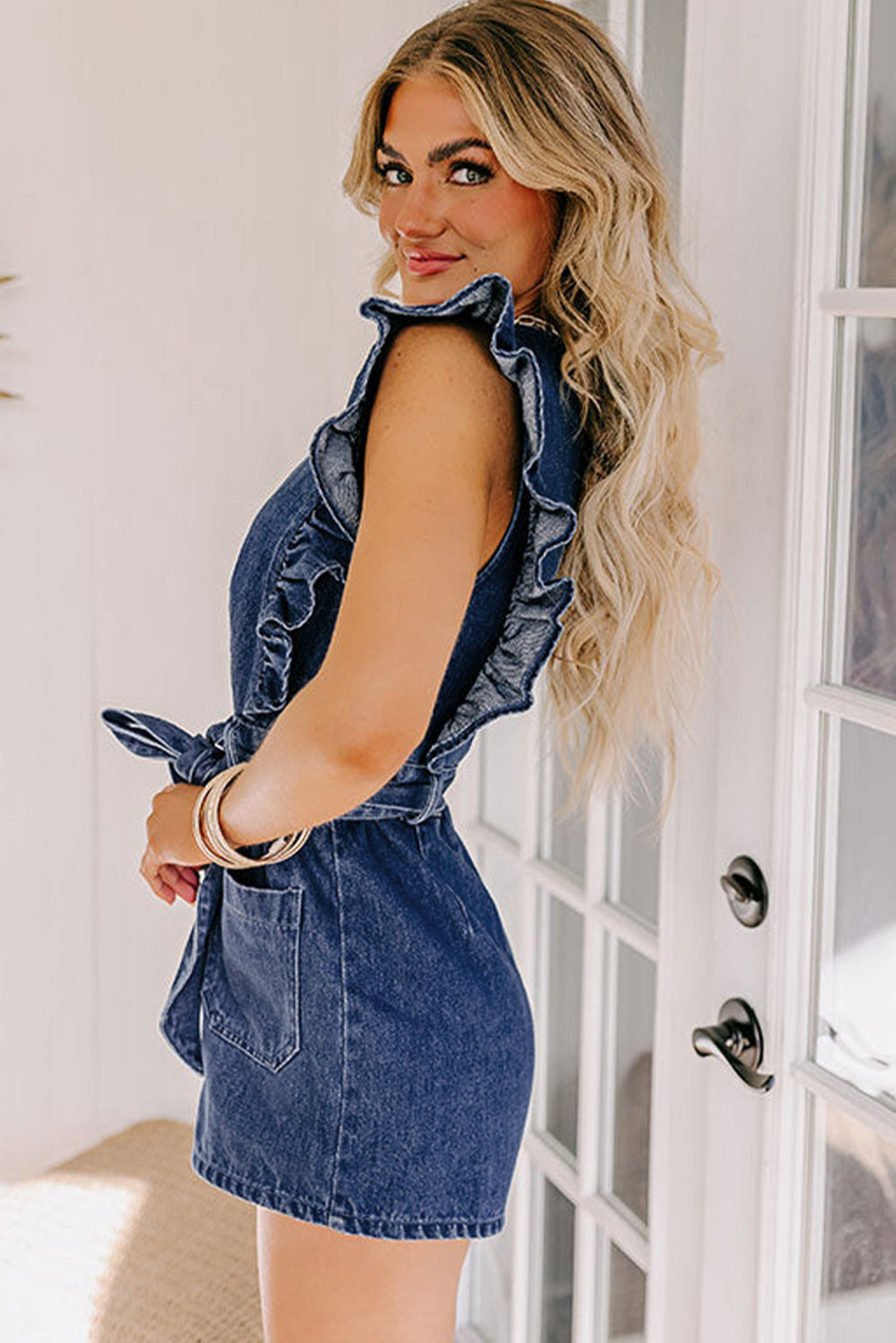 Sail Blue Denim Ruffled Zipped Front Belted Romper Jumpsuits & Rompers JT's Designer Fashion