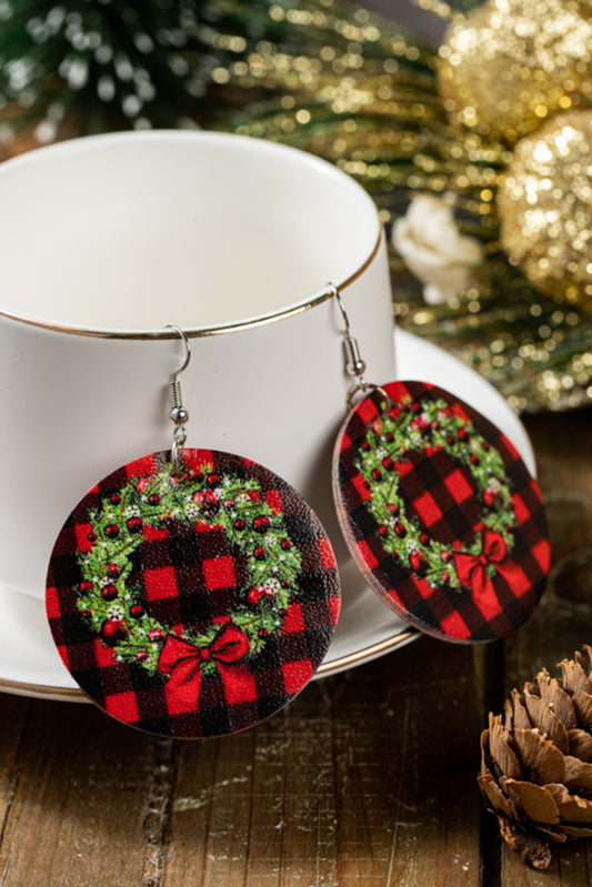 Christmas Plaid Wreath Print PU Earrings Jewelry JT's Designer Fashion