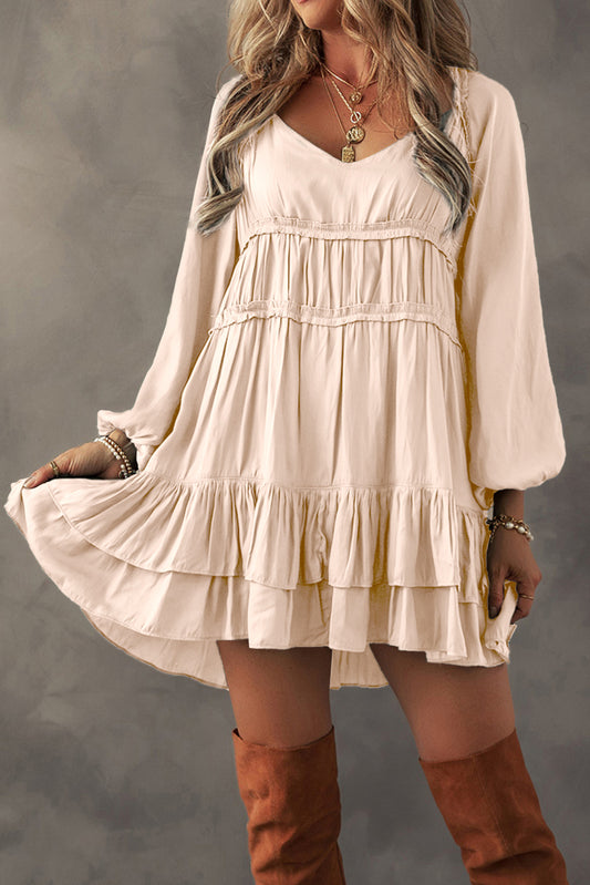 Apricot Tiered Ruffled Puff Sleeve Loose Fit Mini Dress Mini Dresses JT's Designer Fashion