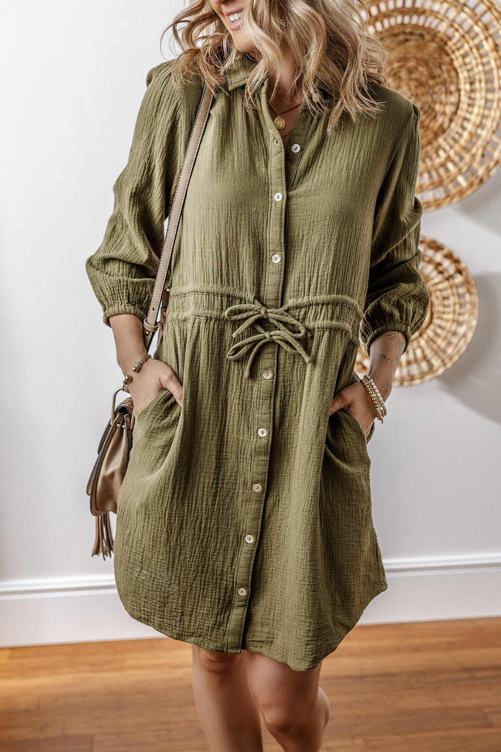 Jungle Green Textured Bracelet Sleeve Collared Button Up Dual Tied Mini Dress Mini Dresses JT's Designer Fashion