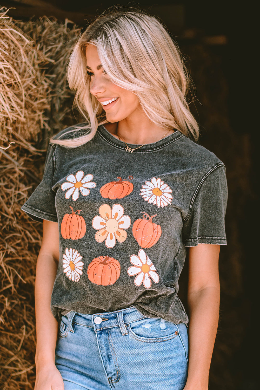 Black Pumpkin Floret Graphic Vintage Washed T-shirt Graphic Tees JT's Designer Fashion