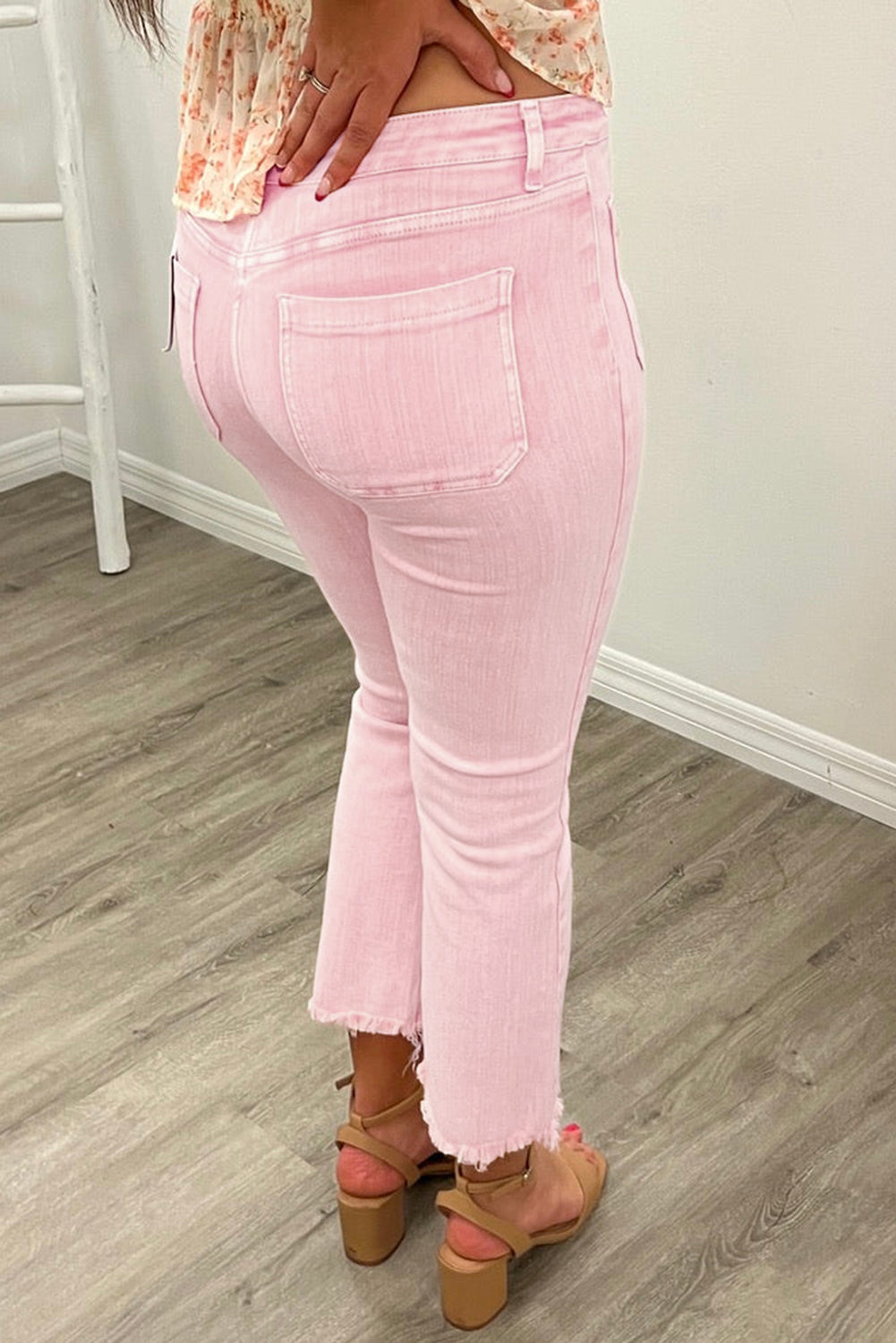 Apricot Pink Multi Buttons Raw Edge Crop Jeans Bottoms JT's Designer Fashion
