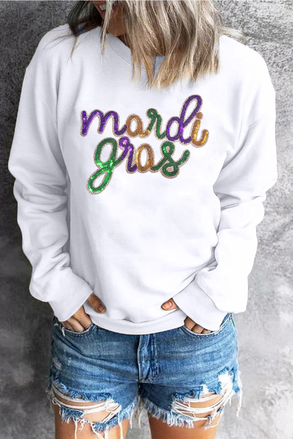 White Sequined mardi gras Graphic Crew Neck Drop Shoulder Sweatshirt Graphic Sweatshirts JT's Designer Fashion