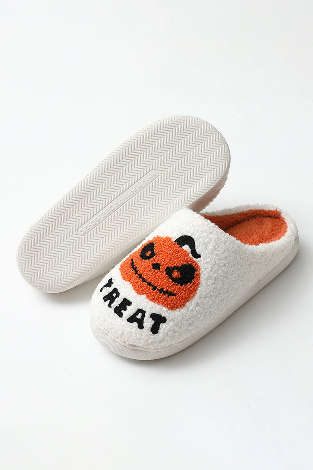 White Halloween Pumpkin Trick Or Treat Plush Slippers Slippers JT's Designer Fashion