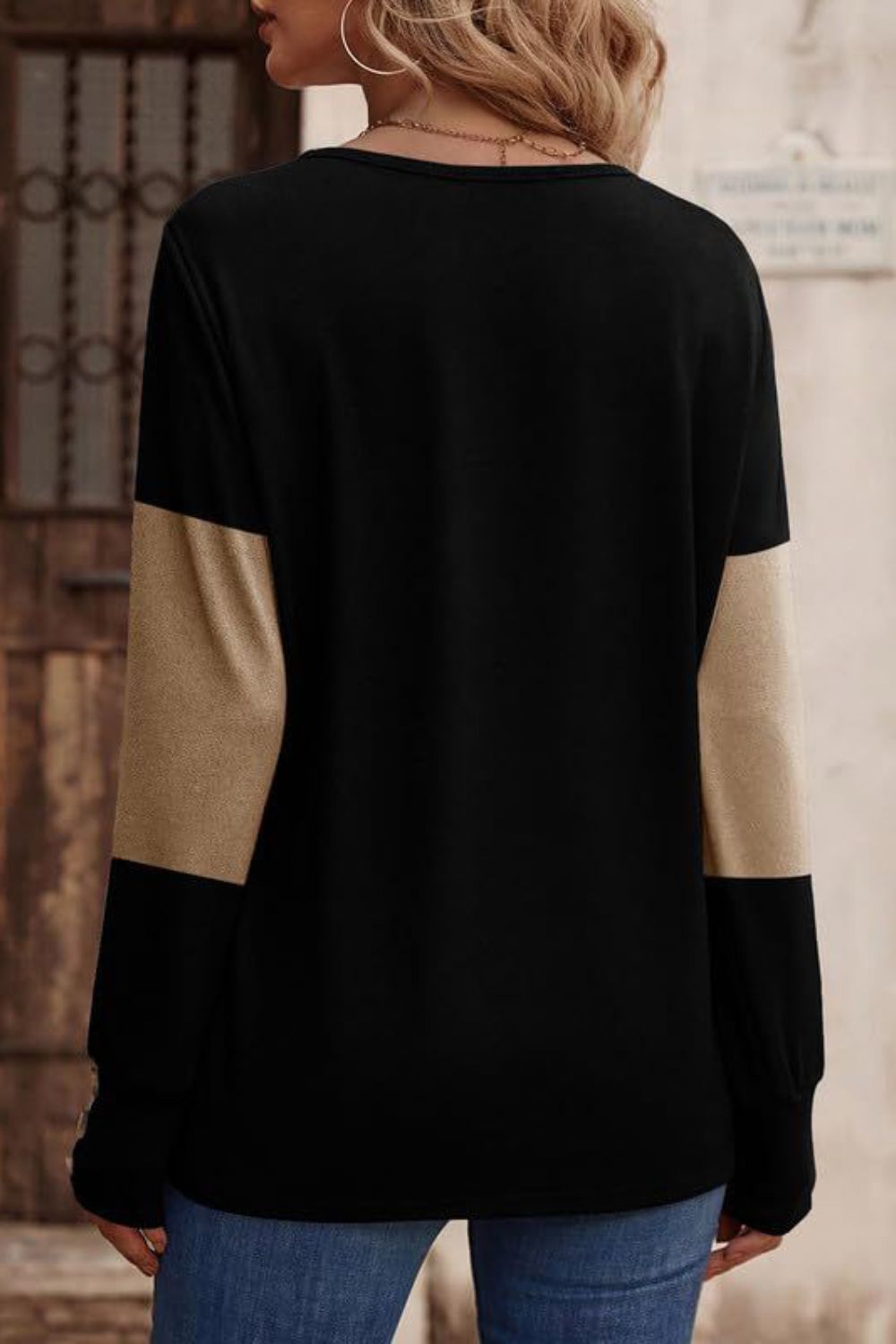 Decorative Button Contrast V-Neck Long Sleeve T-Shirt Long Sleeve Tops JT's Designer Fashion