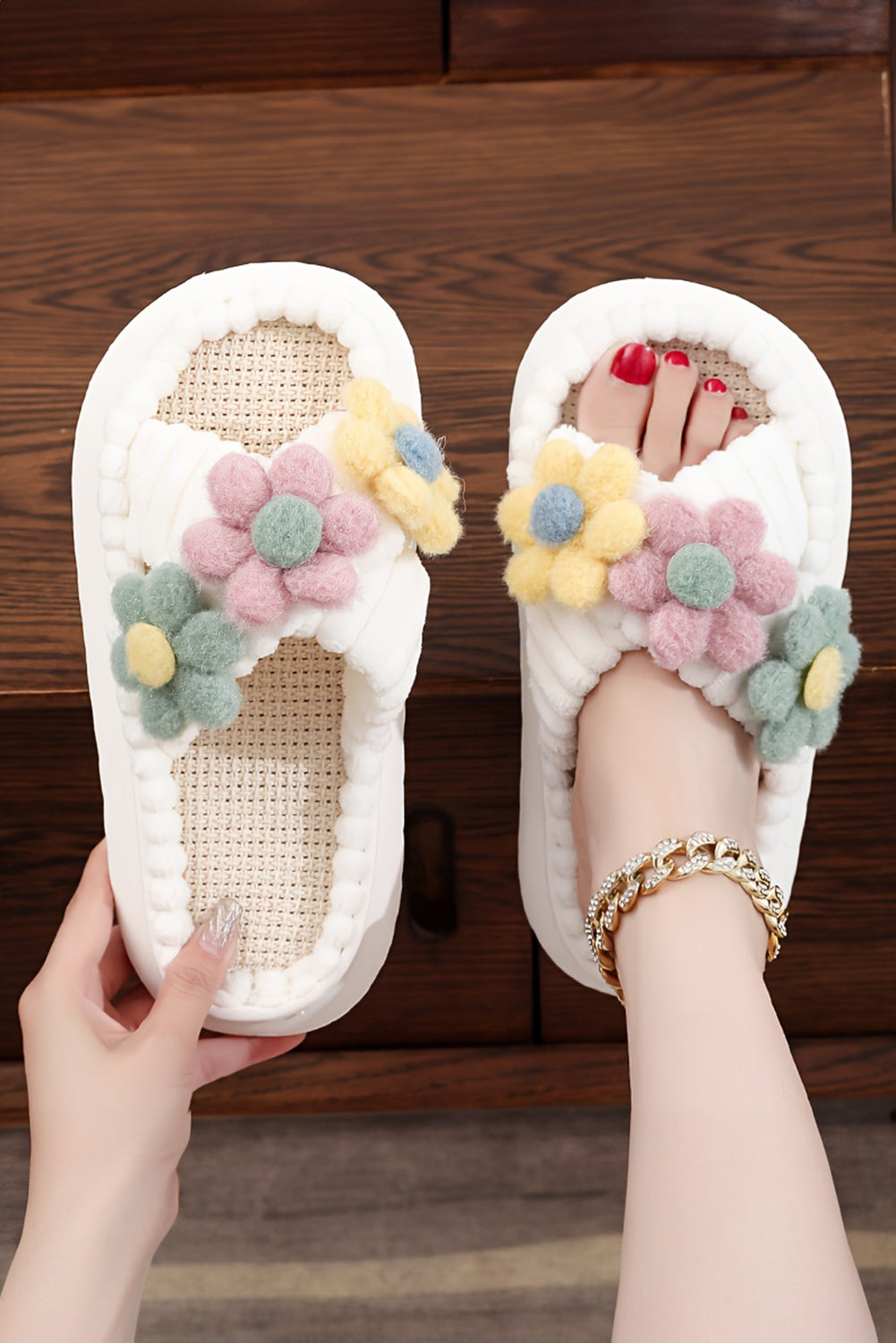 White Fuzzy Flower Cross Strap Open Toe Slippers Slippers JT's Designer Fashion