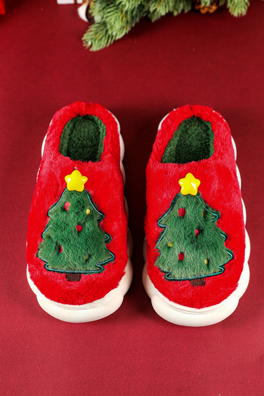 Fiery Red Christmas Tree Graphic Thick Sole Plush Slippers Slippers JT's Designer Fashion