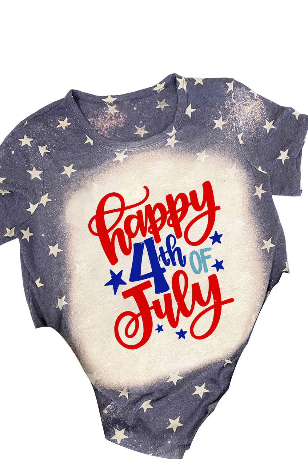 Blue Happy 4th Of July Bleached Stars Print T Shirt Graphic Tees JT's Designer Fashion