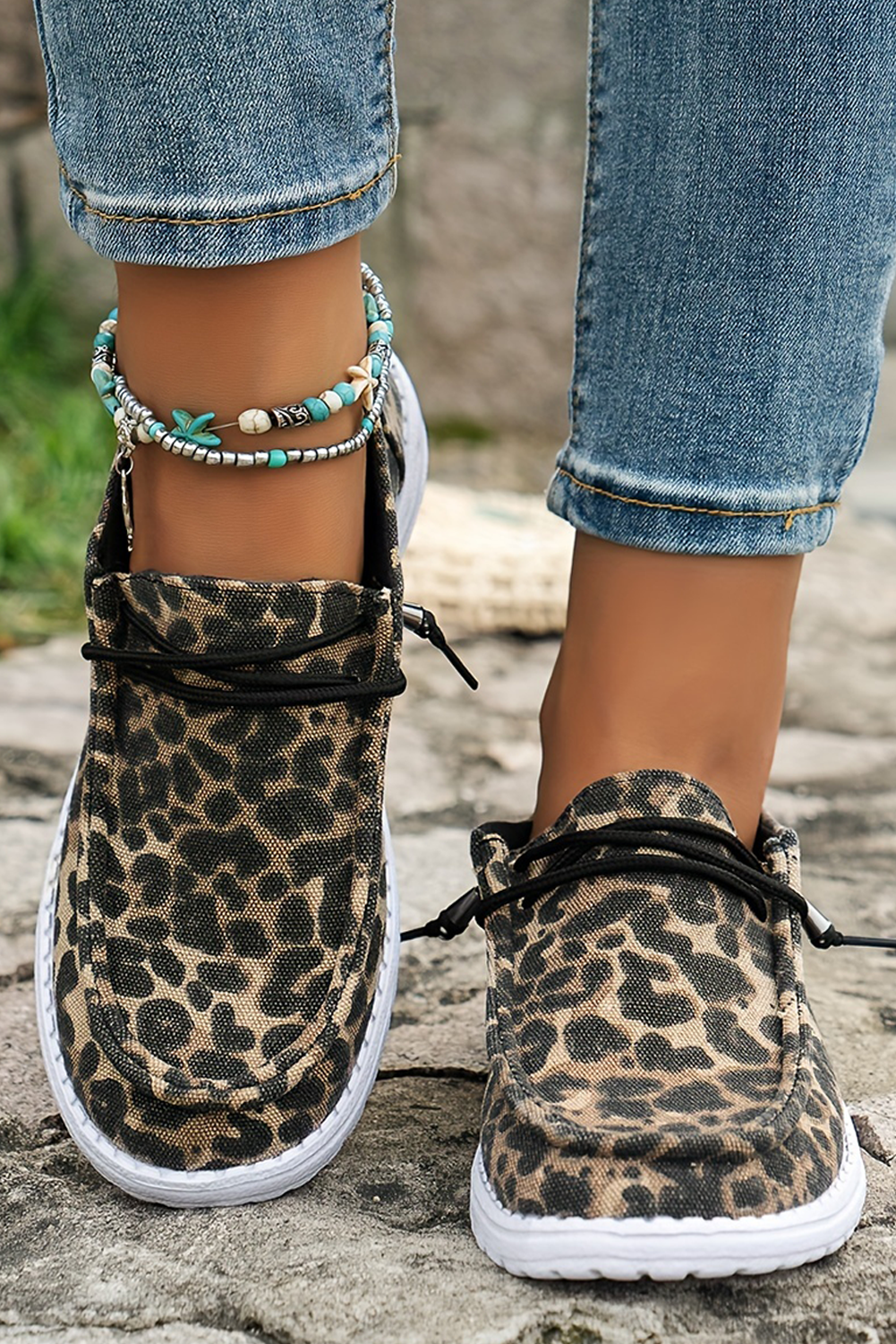 Coffee Lace-up Decor Leopard Canvas Shoes Women's Shoes JT's Designer Fashion