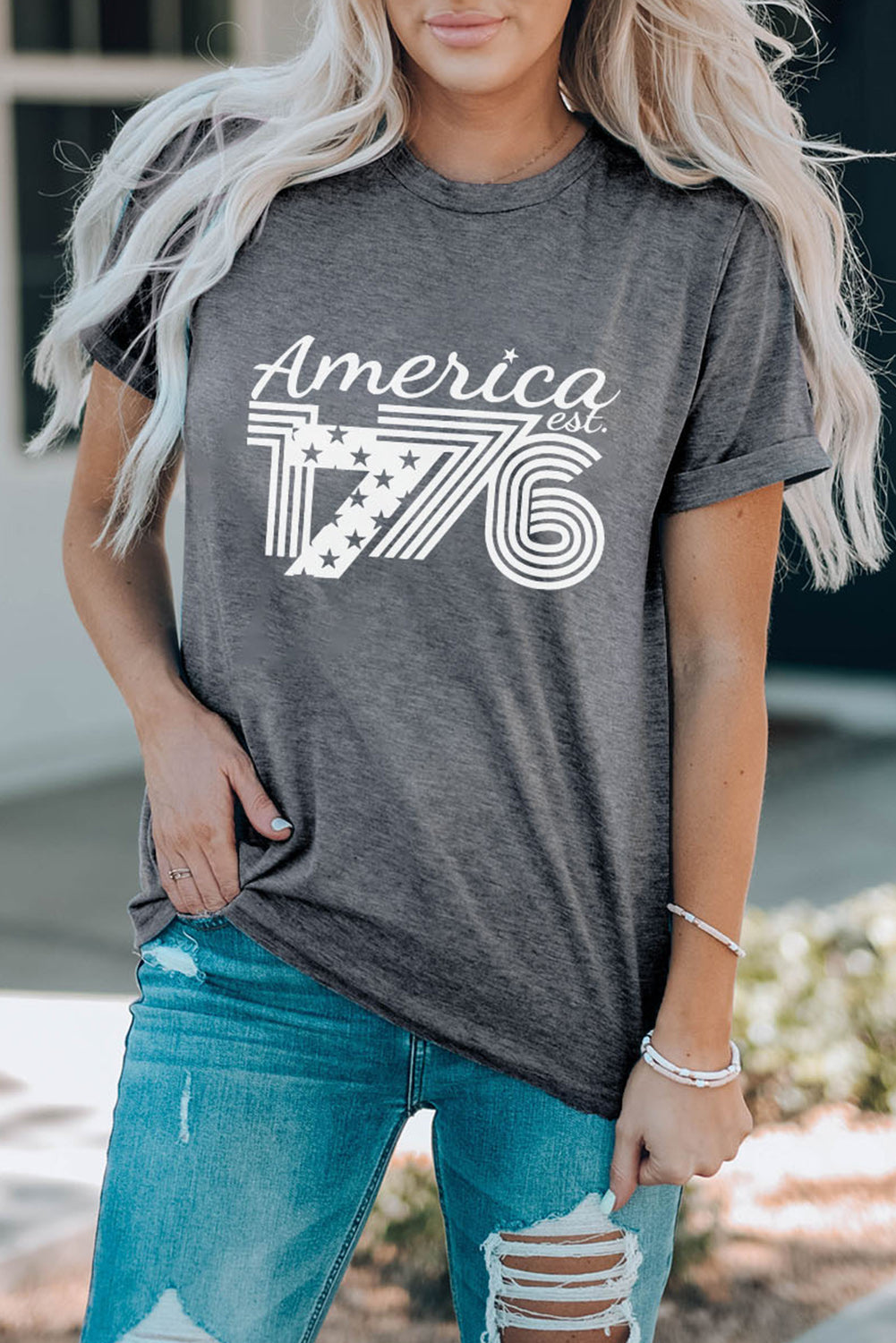 Gray America 1776 Print Graphic T Shirt Gray 95%Polyester+5%Elastane Graphic Tees JT's Designer Fashion