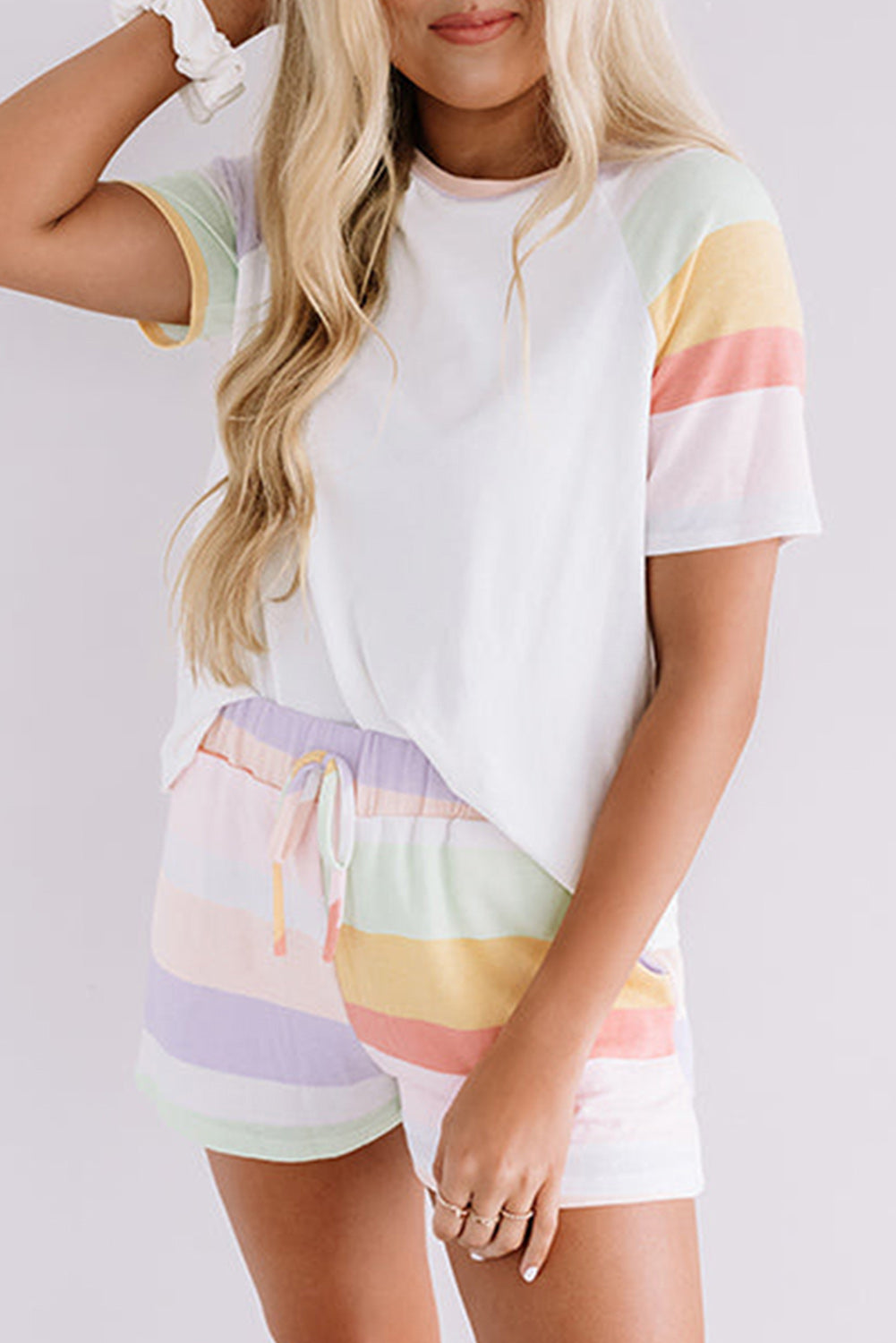 White Rainbow Striped T Shirt and Shorts Set Short Sets JT's Designer Fashion