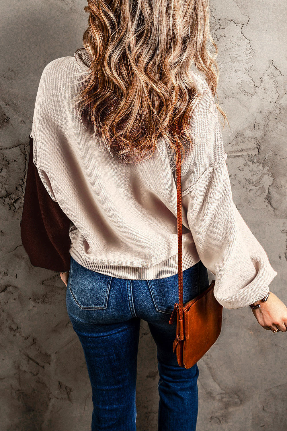 Chicory Coffee Contrast Color Exposed Seam Drop Shoulder Sweater Sweaters & Cardigans JT's Designer Fashion