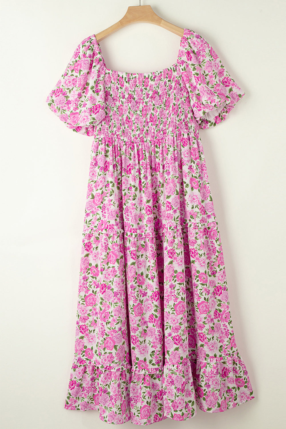 Pink Dainty Floral Smocked Puff Sleeve Flowy Long Dress Maxi Dresses JT's Designer Fashion