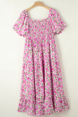 Pink Dainty Floral Smocked Puff Sleeve Flowy Long Dress Maxi Dresses JT's Designer Fashion