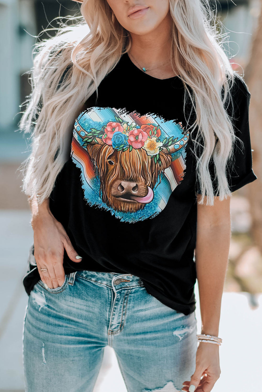 Black Serape Floral Steer Head Graphic Western T-shirt Graphic Tees JT's Designer Fashion