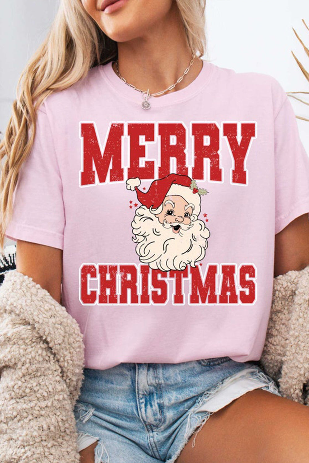 Pink MERRY CHRISTMAS Santa Claus Printed T Shirt Graphic Tees JT's Designer Fashion