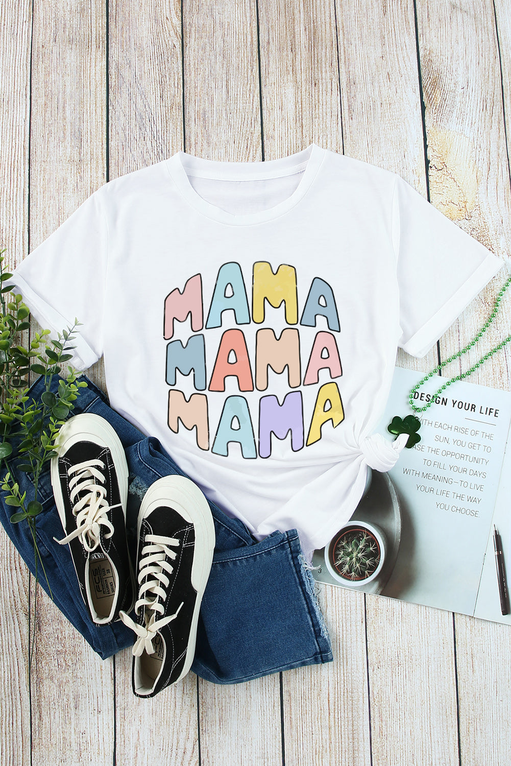 White MAMA Slogan Print Crew Neck Casual T Shirt Graphic Tees JT's Designer Fashion