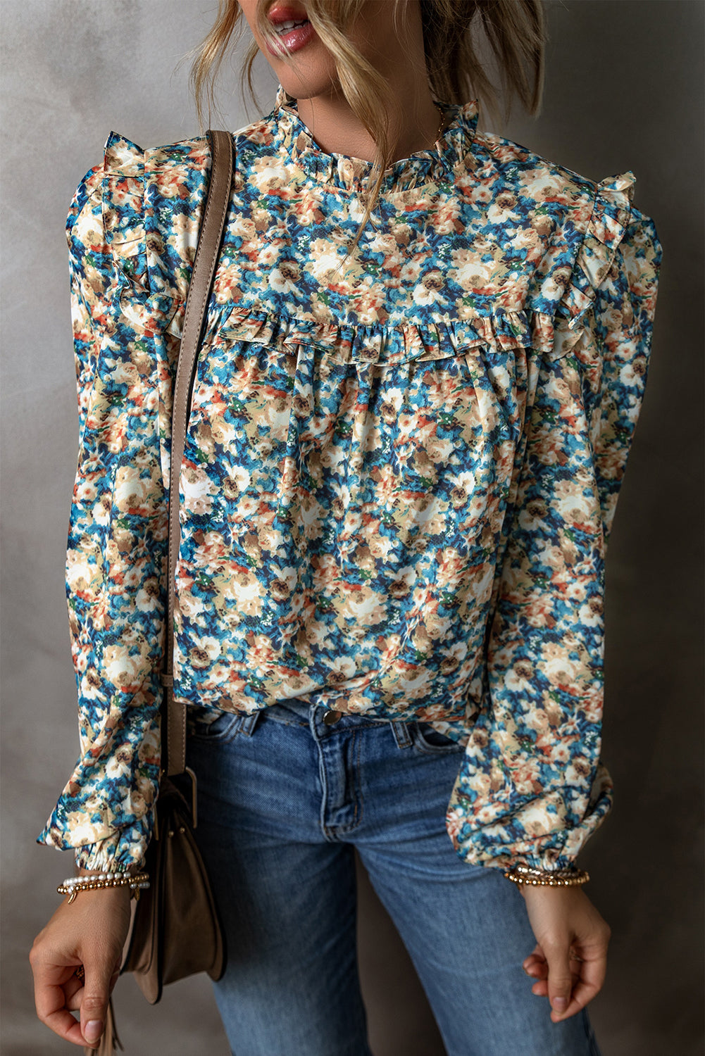 Sky Blue Floral Print Frilled Mock Neck Puff Sleeve Blouse Blouses & Shirts JT's Designer Fashion