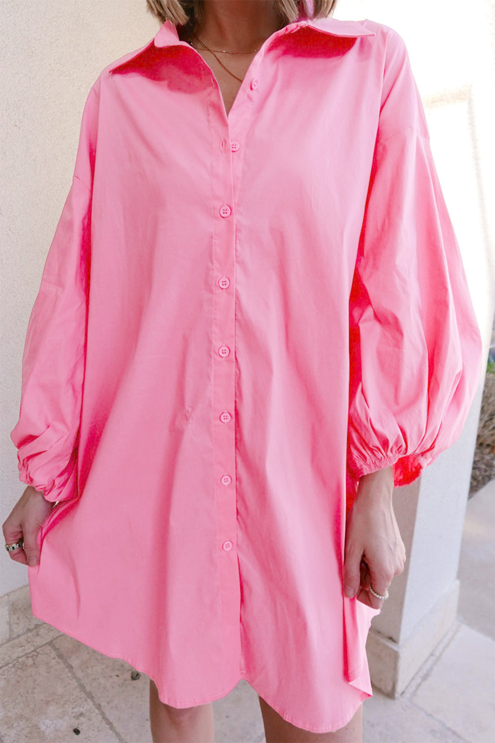 Bright Pink Balloon Sleeve Button Up Mini Shirt Dress Mini Dresses JT's Designer Fashion