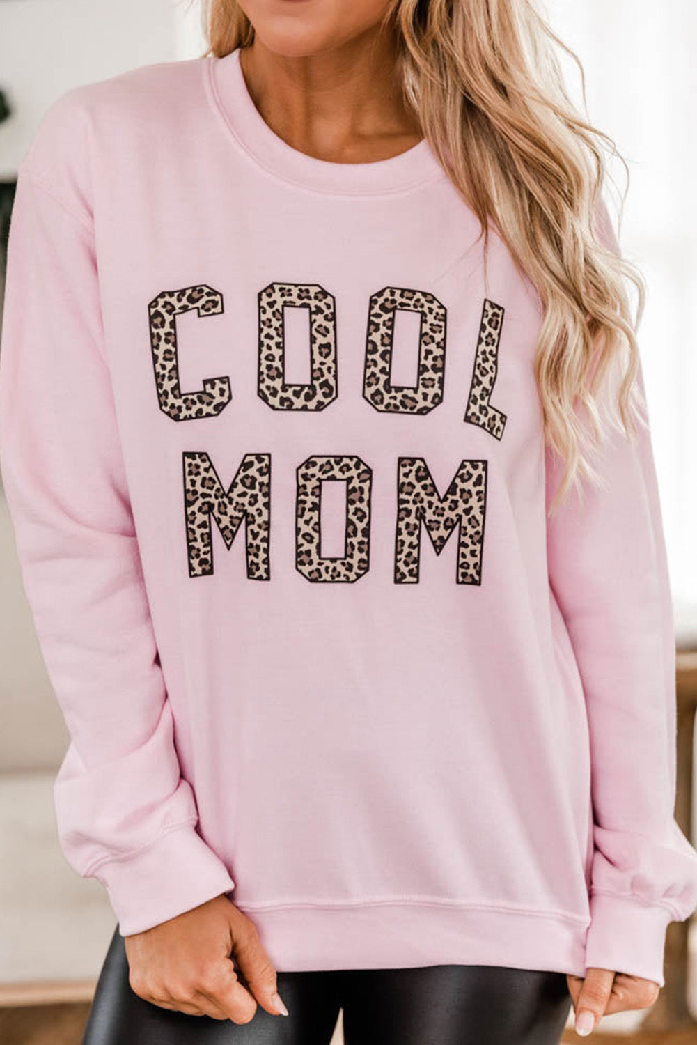 Pink COOL MOM Leopard Print Pullover Sweatshirt Graphic Sweatshirts JT's Designer Fashion