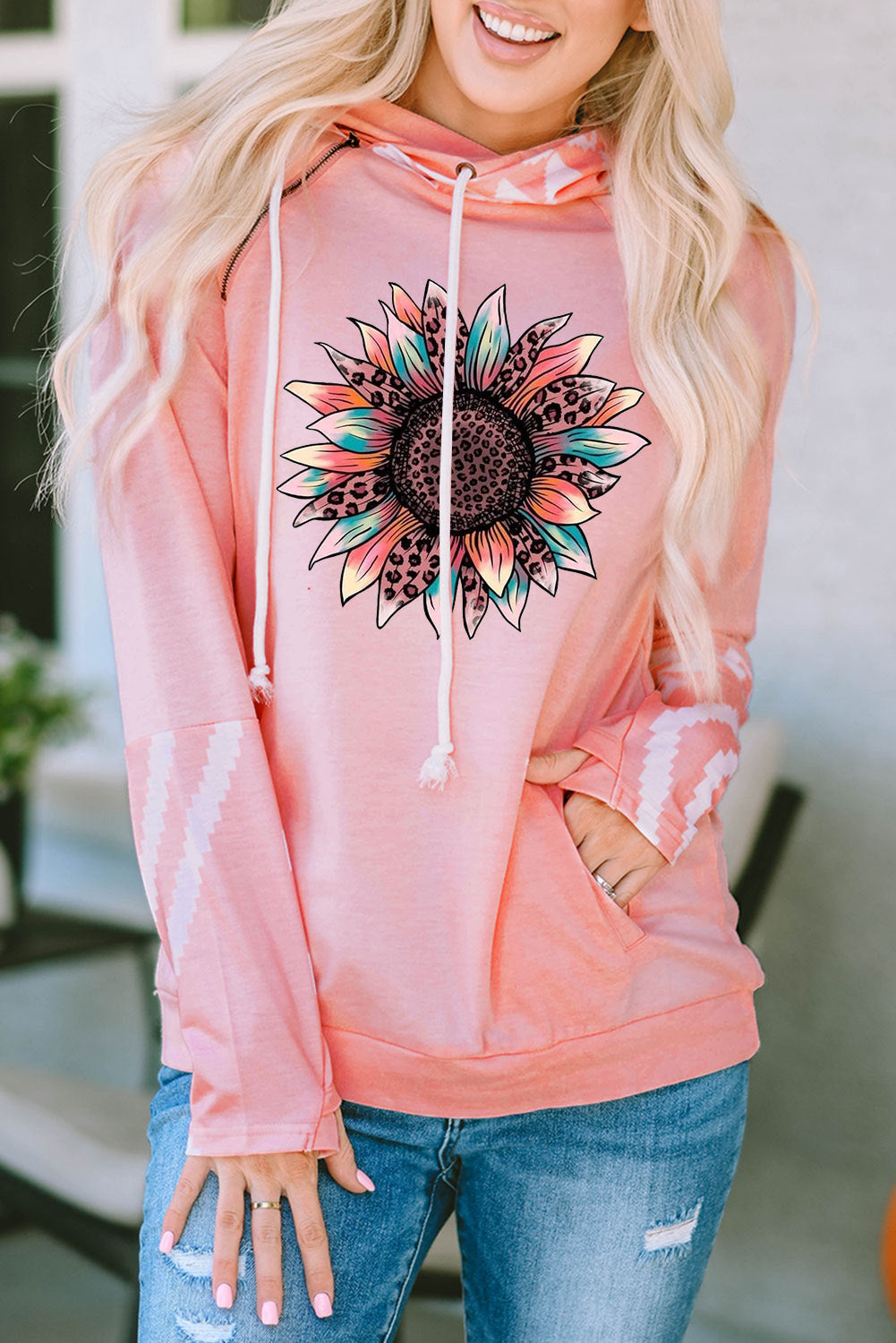 Pink Leopard Sunflower Aztec Print Drawstring Hoodie Pink 65%Polyester+30%Cotton+5%Elastane Graphic Sweatshirts JT's Designer Fashion