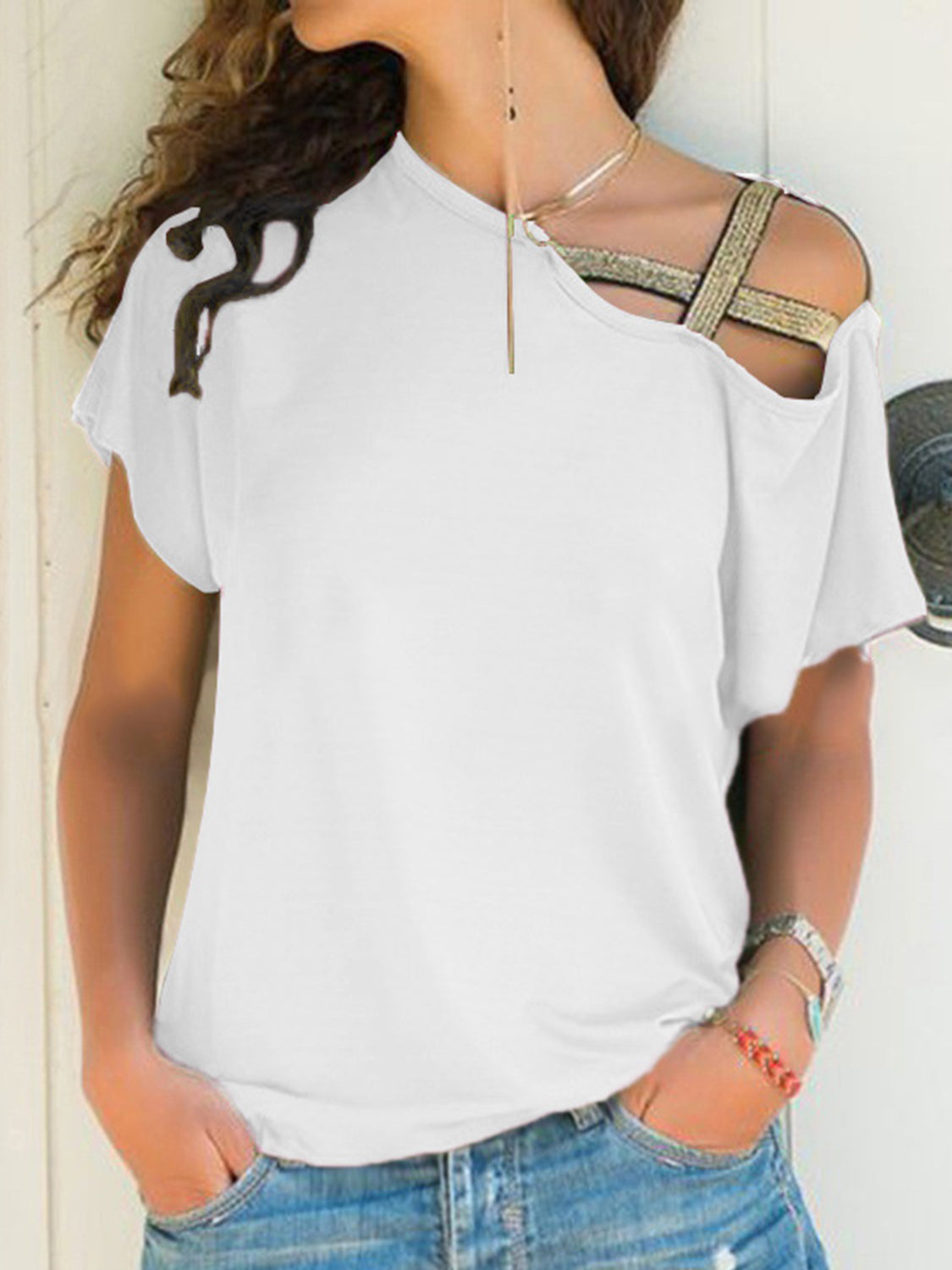 Asymmetrical Neck Short Sleeve T-Shirt Blouses & Shirts JT's Designer Fashion