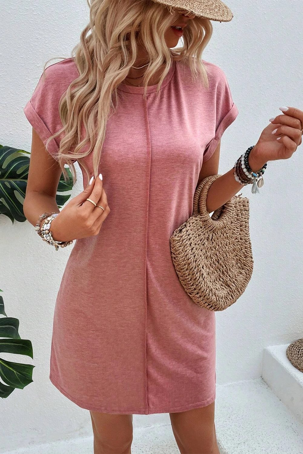 Rose Pink Center Seam Rolled Cuffs T-shirt Dress Dresses JT's Designer Fashion