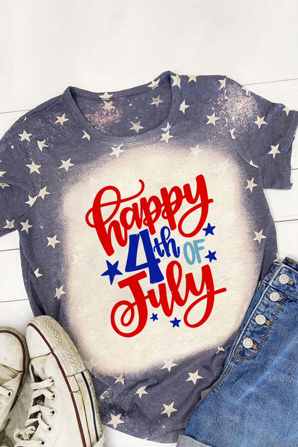 Blue Happy 4th Of July Bleached Stars Print T Shirt Graphic Tees JT's Designer Fashion