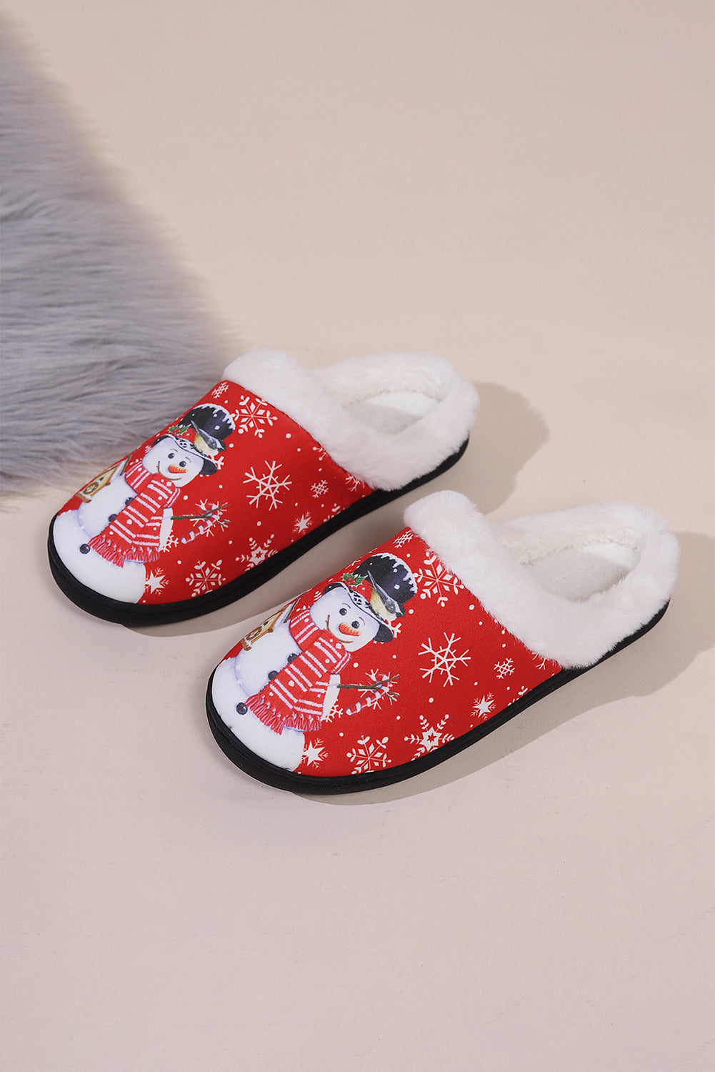 Fiery Red Christmas Snowman Print Plush Home Slippers Slippers JT's Designer Fashion