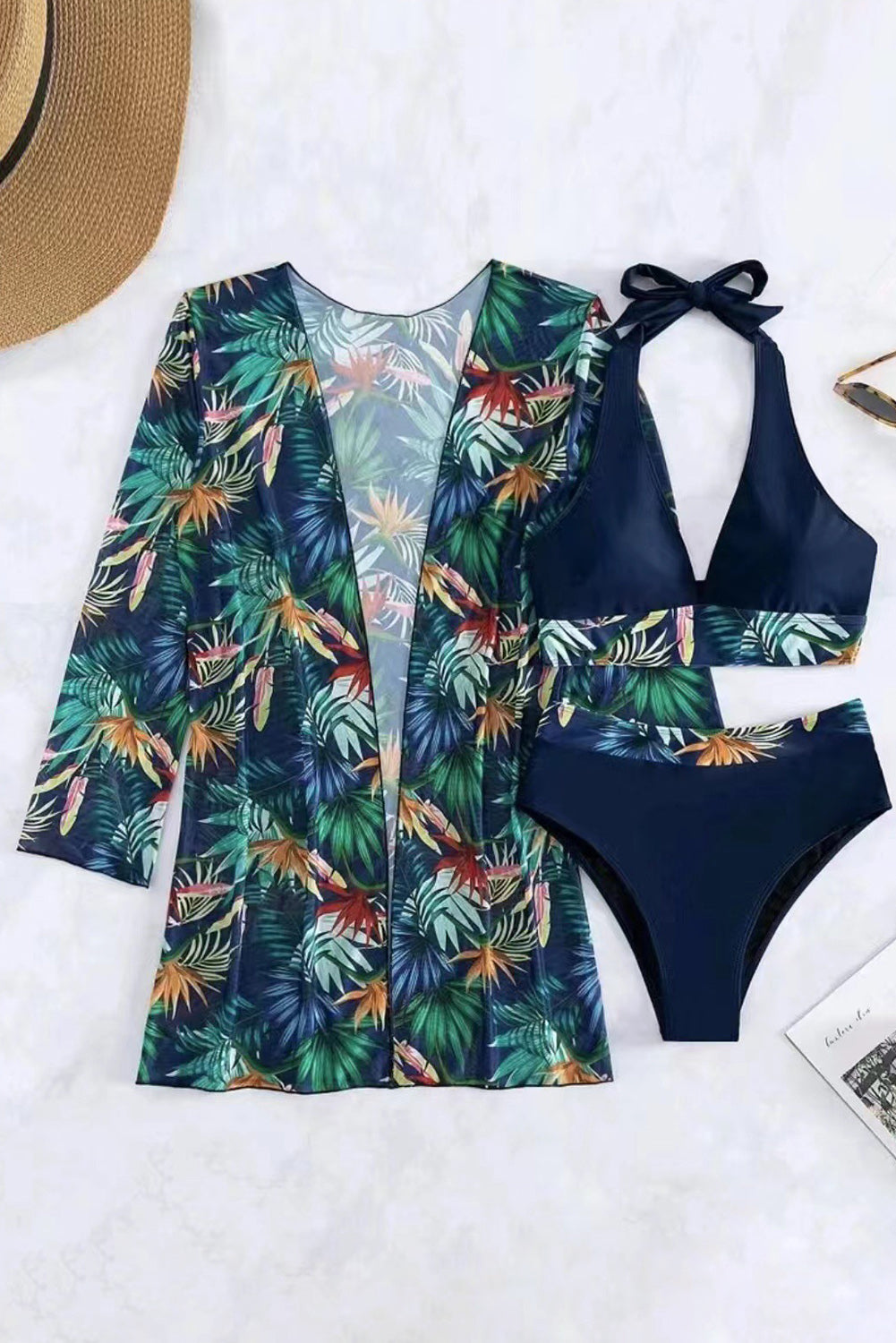 Printed Halter Neck Three-Piece Swim Set Black Bikinis JT's Designer Fashion