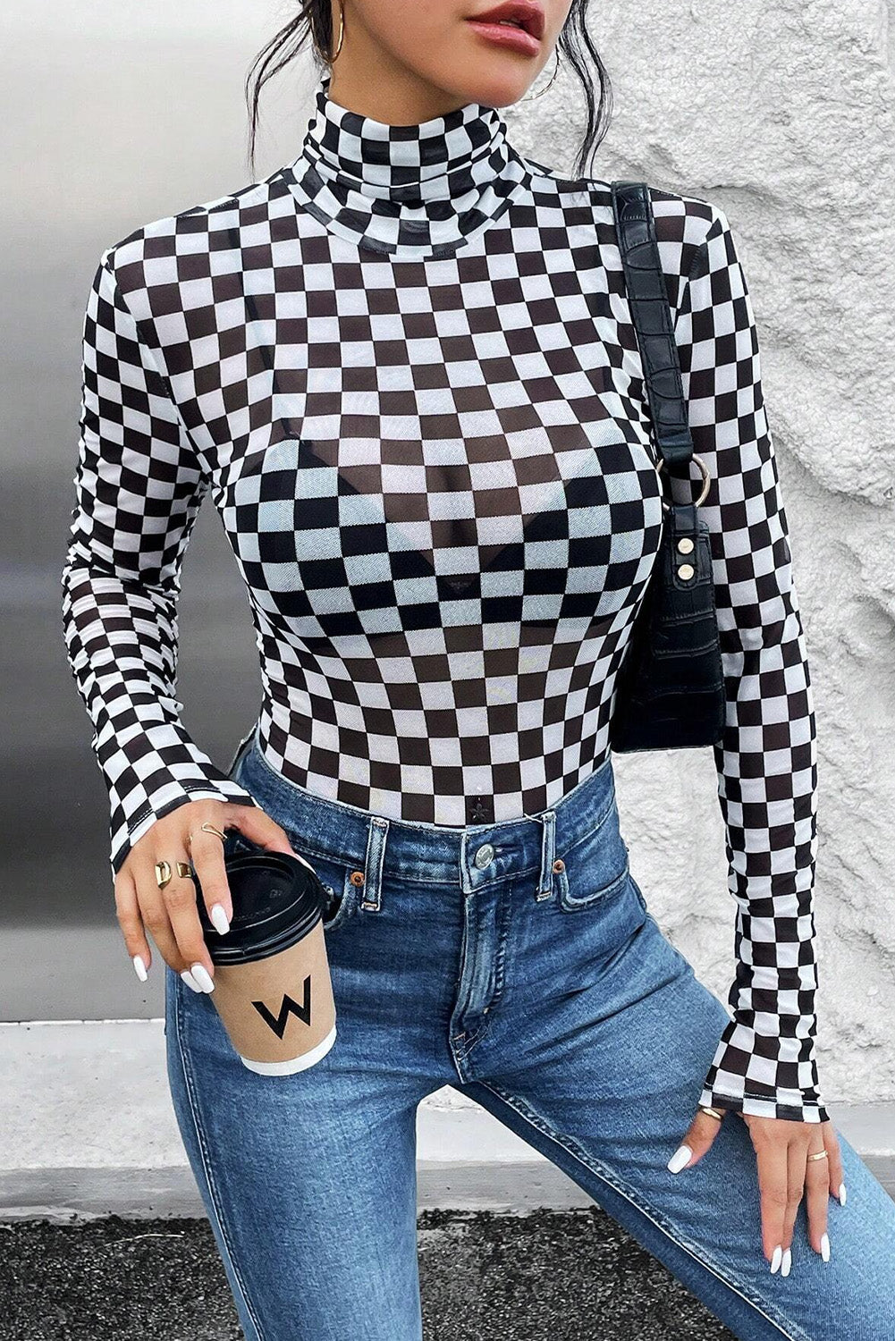 Black Checkered Printed Long Sleeve High Neck Bodysuit Black 95%Polyester+5%Elastane Bodysuits JT's Designer Fashion