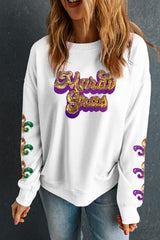 Beige Sequin Mardi Gras Patched Pattern Fleur de Lis Sleeve Sweatshirt Graphic Sweatshirts JT's Designer Fashion