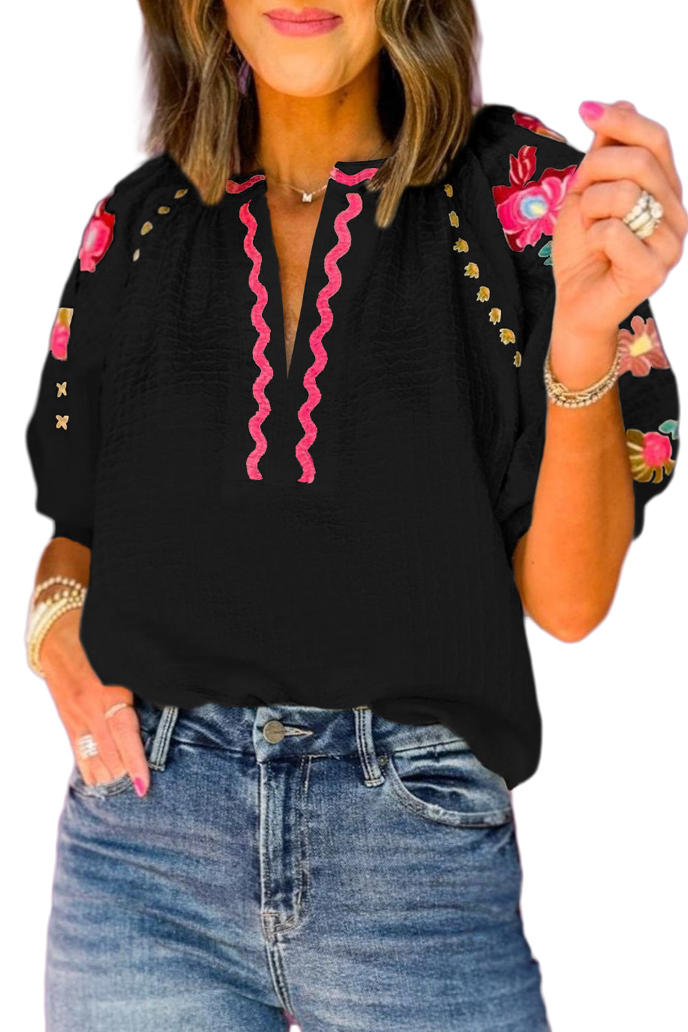 Black Floral Embroidered Ricrac Puff Sleeve Textured Blouse Pre Order Tops JT's Designer Fashion