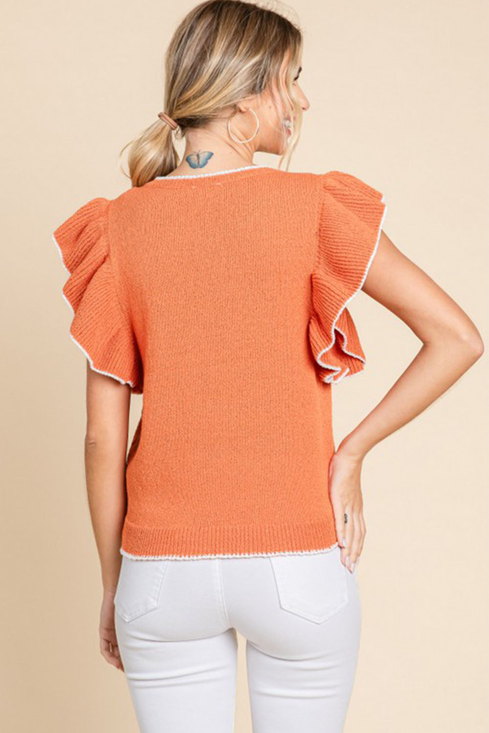 Russet Orange Contrast Trim Ruffle Sleeve Knitted Top Pre Order Sweaters & Cardigans JT's Designer Fashion