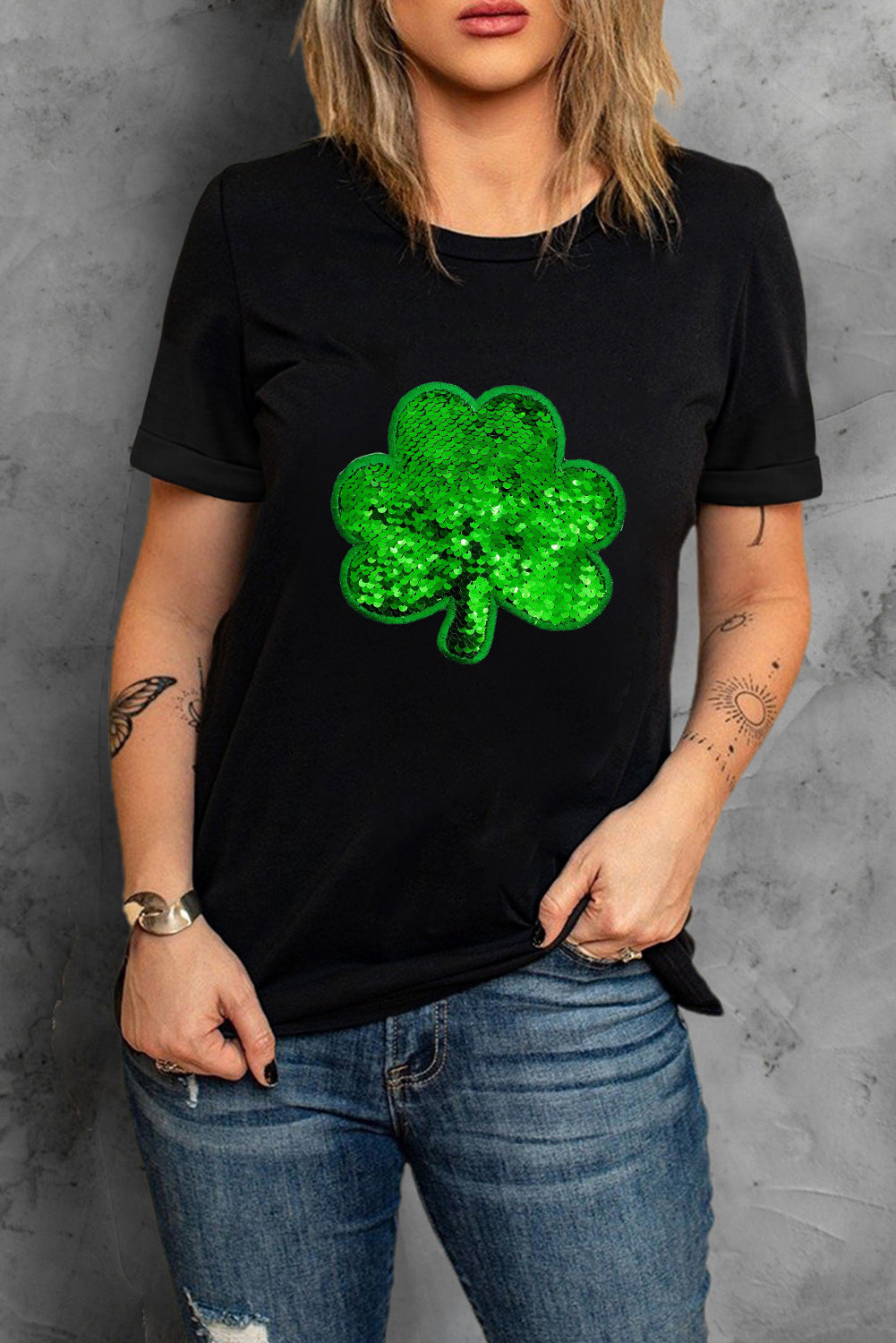 Black Sequin Clover Embroidered Round Neck Graphic Tee Graphic Tees JT's Designer Fashion