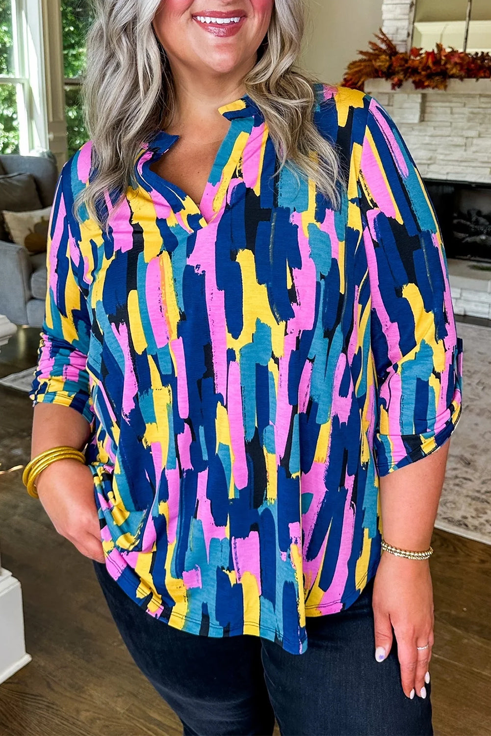 Blue Brushstroke Print 3/4 Sleeve Plus Size Blouse Plus Size JT's Designer Fashion