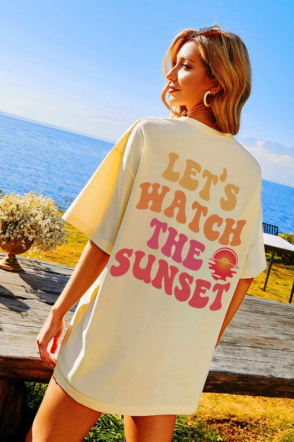 Yellow Cream Back LET'S WATCH THE SUNSET Print Half Sleeve Tee Tops & Tees JT's Designer Fashion