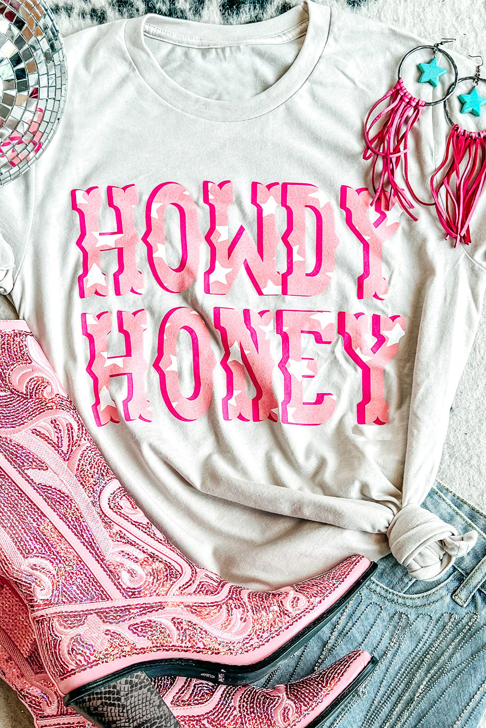 White HOWDY HONEY Graphic T Shirt White 95%Polyester+5%Elastane Graphic Tees JT's Designer Fashion