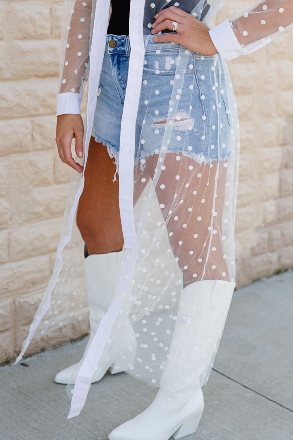 White Polka Dot Print Collared Buttoned Mesh Duster Kimono Tops & Tees JT's Designer Fashion