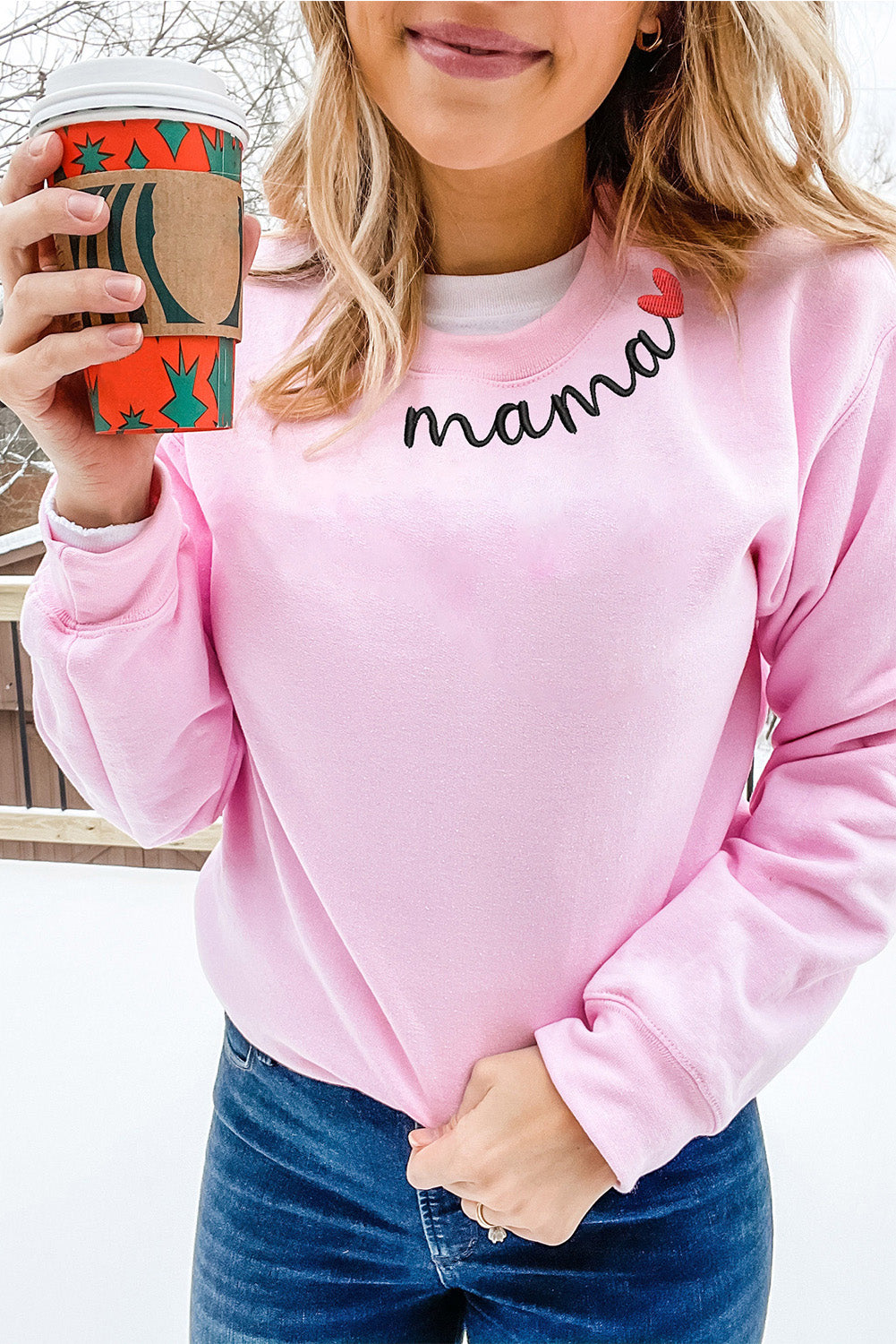 Pink mama Heart Embroidery Decor Sweatshirt Graphic Sweatshirts JT's Designer Fashion