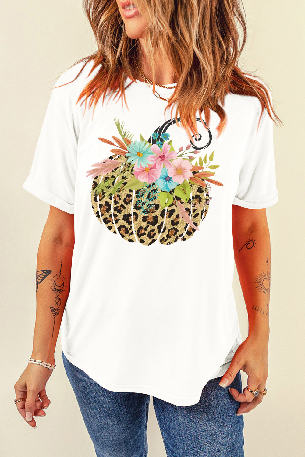 White Floral Leopard Pumpkin Graphic Halloween T Shirt Graphic Tees JT's Designer Fashion