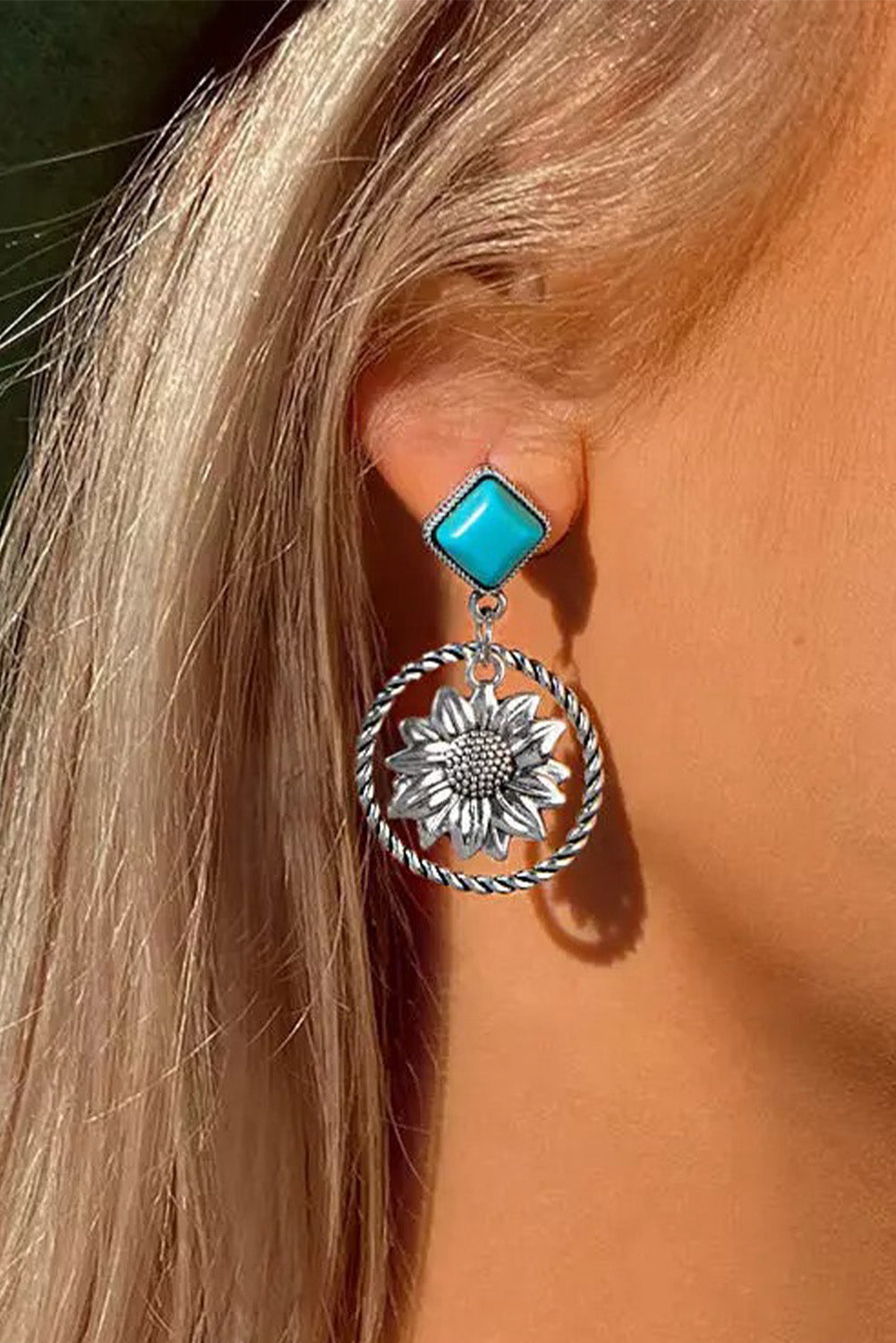 Silver Sunflower Turquoise Dangle Earrings Jewelry JT's Designer Fashion