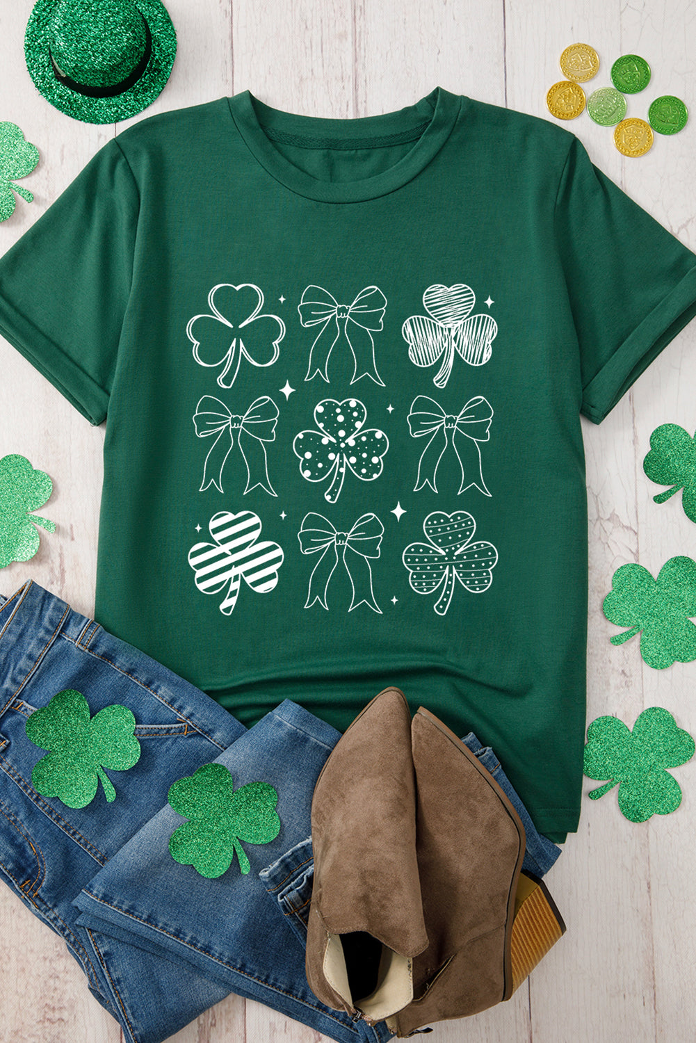 Green Clover Bowknot Graphic St. Patricks T Shirt Graphic Tees JT's Designer Fashion